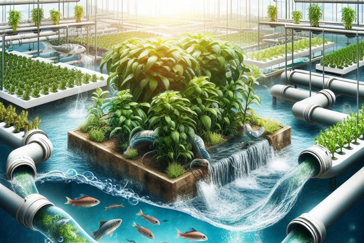 A vibrant image of an aquaponics system in action, featuring fish tanks, water circulation pipes, and flourishing plants in grow beds.
