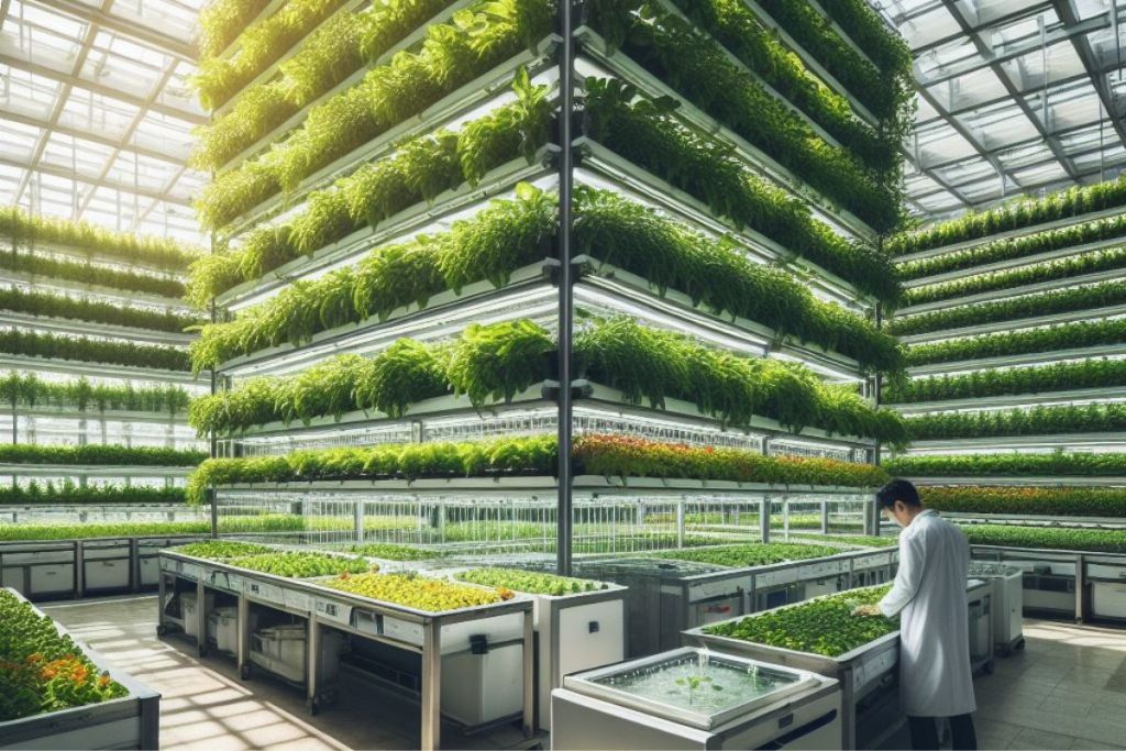 A visual concept of a vertical aquaponics farm in an urban setting, showcasing stacked growing beds with thriving plants and a recirculating water system.