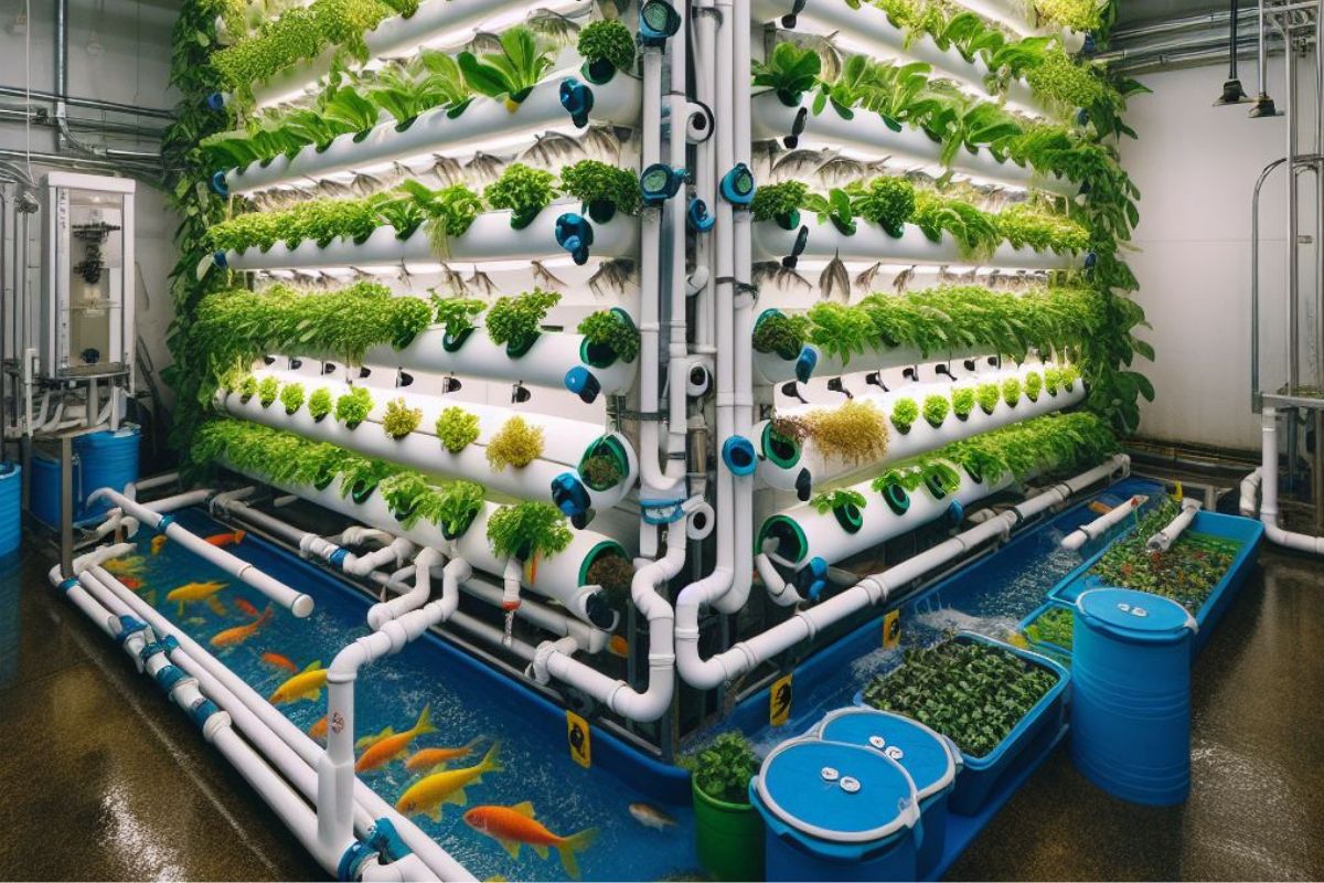 The image reflects the synergy between urban development and sustainable agriculture, highlighting the transformative impact of aquaponics vertical farming on urban landscapes.
