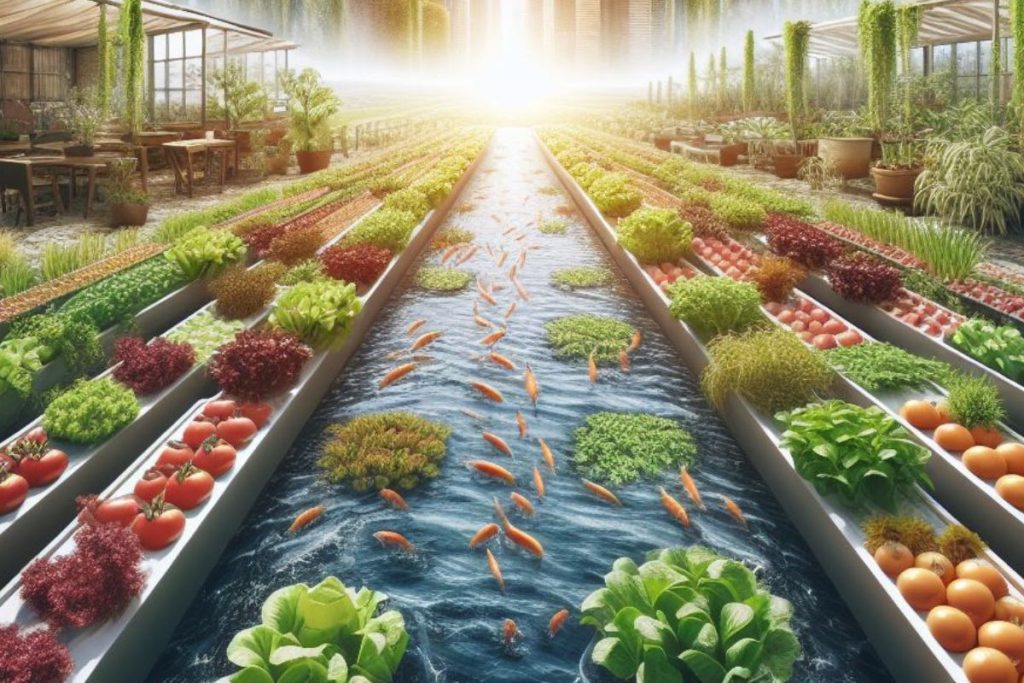 A compelling image depicting the integration of Aquaponics for Urban Farming, contrasting traditional urban farming methods with innovative aquaponics systems.