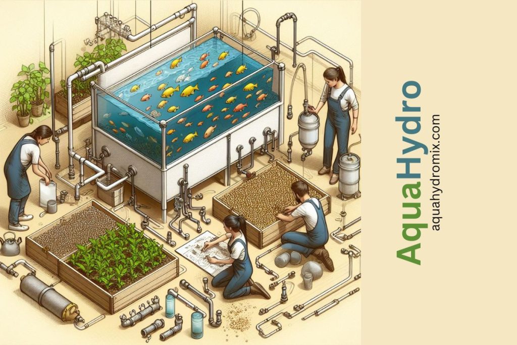 A comprehensive visual representation of the construction phase of an aquaponic system.