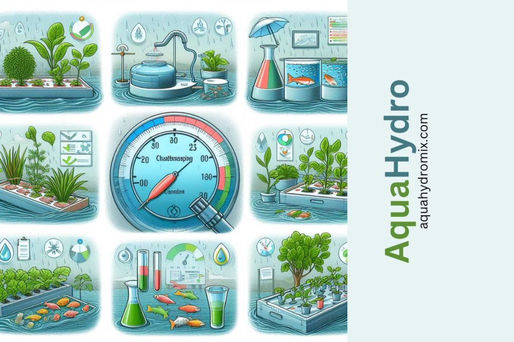 An illustrative image capturing the challenges and solutions in aquaponics. Scenes include water testing for optimal quality, addressing plant problems, ensuring fish well-being, proactive system management, and adapting to environmental changes.