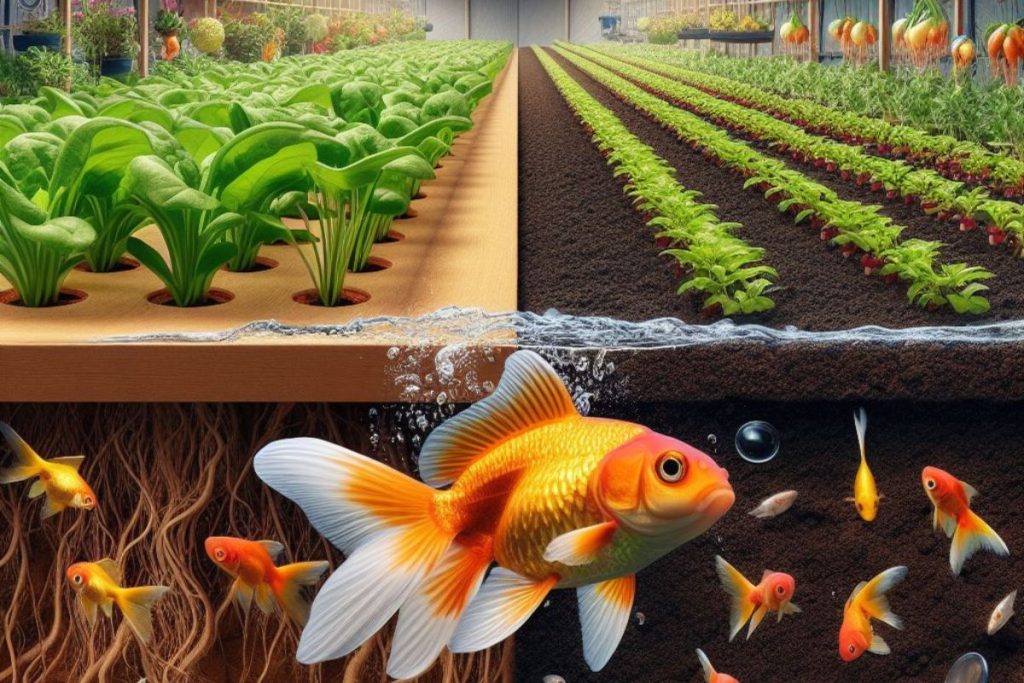 A comparative image illustrates the stark differences between Goldfish and traditional soil-based agriculture.