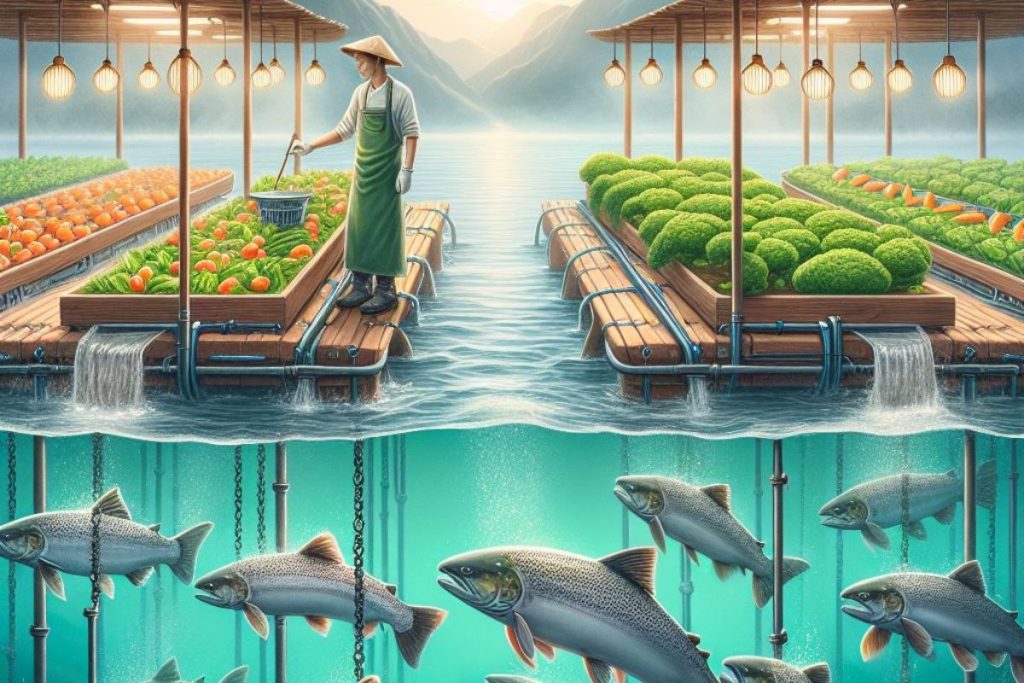 A visual comparison graphic contrasts Salmon Aquaponics and Traditional Salmon Farming. 