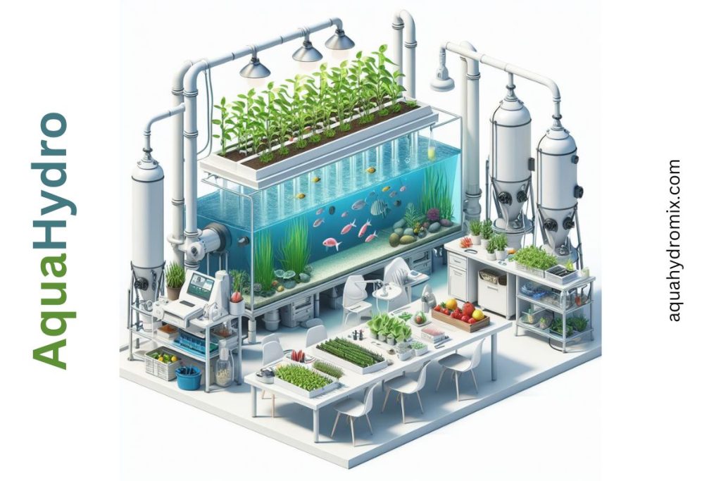 An  image illustrating the essential components of a commercial aquaponics system.