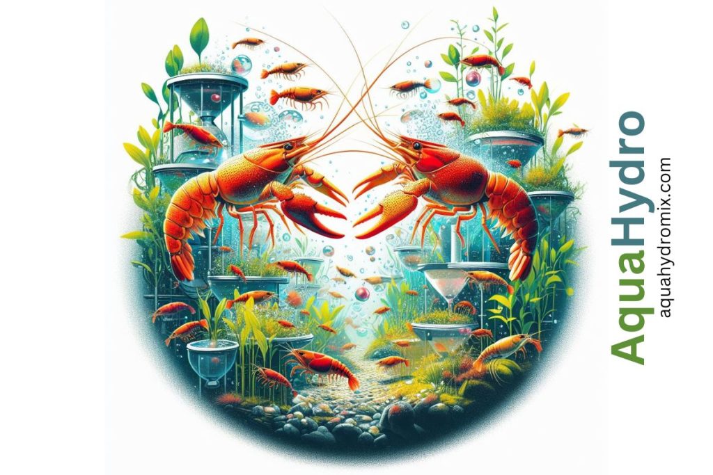 An illustrative depiction of a crayfish aquaponics system, where crayfish and aquatic plants coexist in a visually striking arrangement.