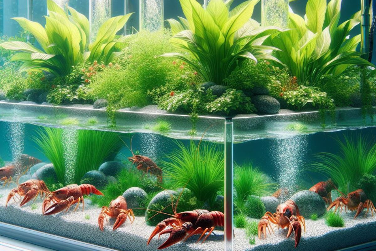 A captivating image featuring a crayfish aquaponics setup with a well-designed tank, showcasing the vibrant interaction between crayfish and flourishing aquatic plants.