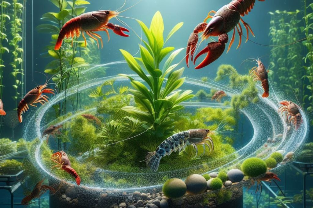 An engaging image capturing the intricate relationship between crayfish and aquatic plants in an aquaponics setting.
