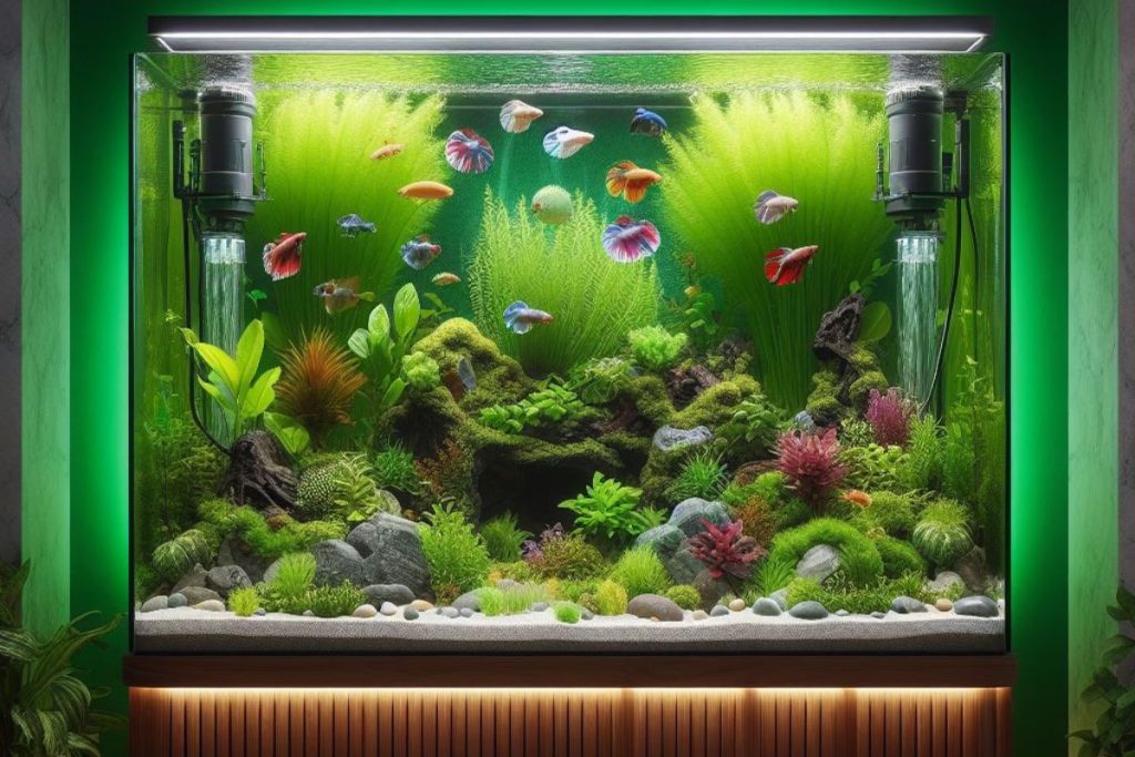 A picture of an aquaponic betta fish tank, featuring vibrant betta fish in a tank with lush plants.