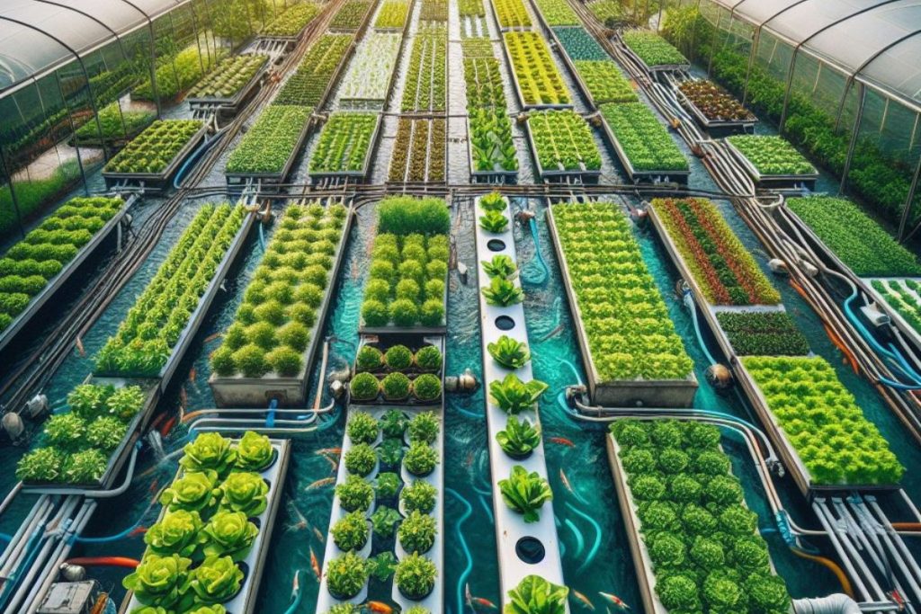 A Picture of aquaponics, the symbiotic cycle where fish waste nourishes plants in a hydroponic setting, while the plants naturally cleanse and purify the water for the fish in a closed-loop environment.