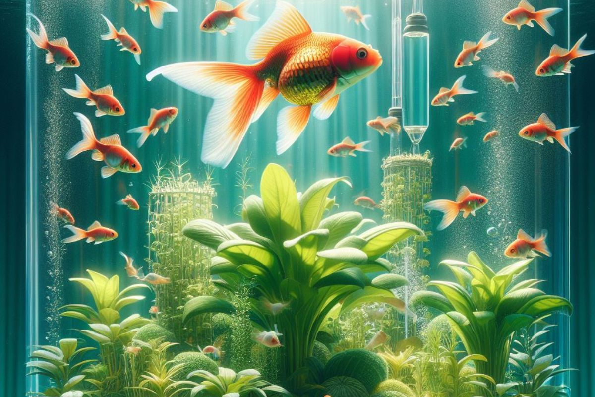 A captivating image showcases the synergy of Goldfish Aquaponics—an aquaponics system teeming with lively goldfish and lush plants.