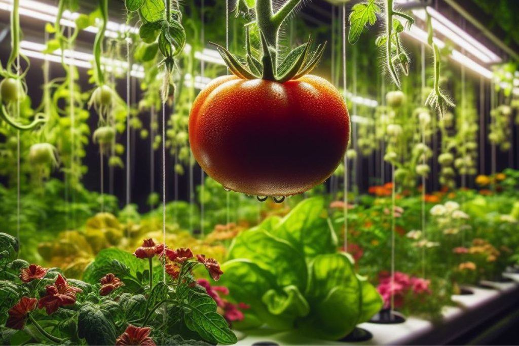 A image portraying the harvest of aquaponic tomatoes.