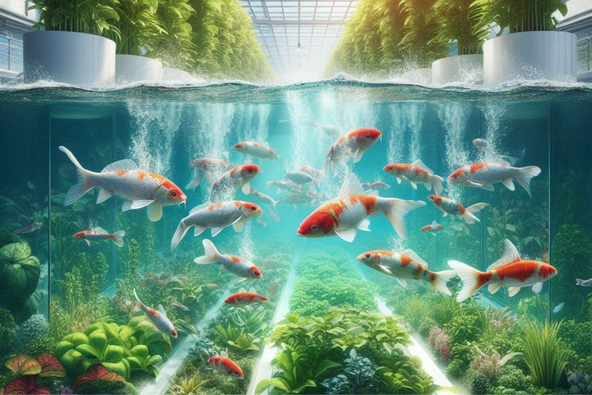 A captivating image captures the essence of Koi Aquaponics—a well-designed system featuring koi fish swimming in a meticulously maintained tank.