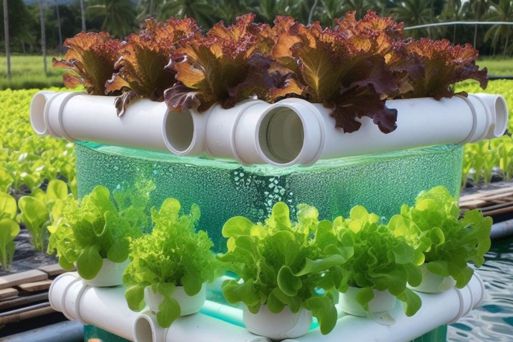 In the image, a compelling depiction of lettuce aquaponics unfolds. It vividly portrays the fundamental principles of this innovative farming method, with fish tanks providing nourishing water to thriving lettuce beds.