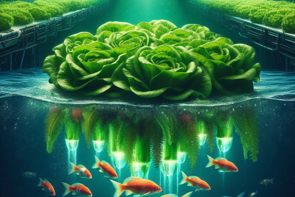 A visually captivating scene unfolds in the image, featuring vibrant lettuce beds thriving in proximity to well-maintained fish tanks.