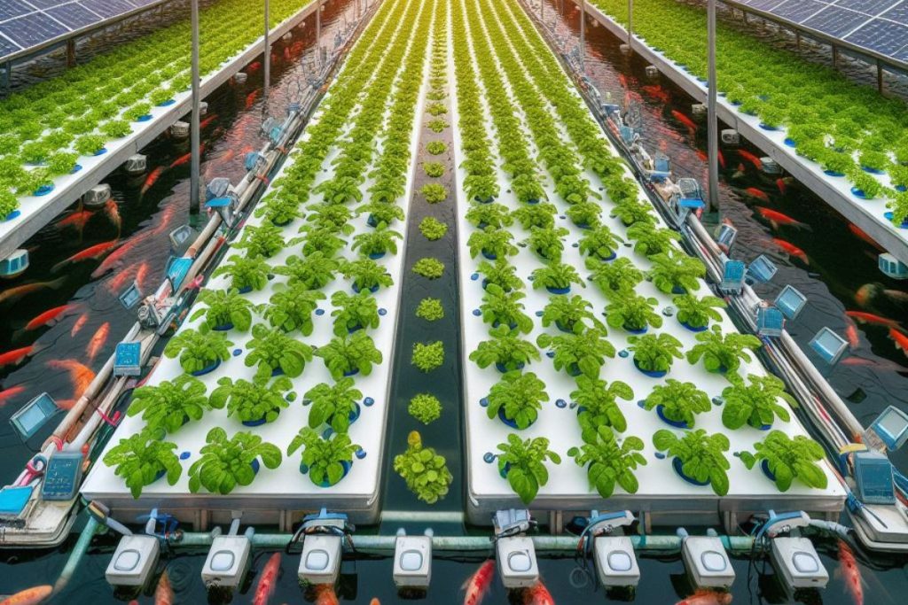 A captivating image of the Aquaponics potato farming method, highlighting the ingenious utilization of the natural symbiosis between aquatic life and plants. 