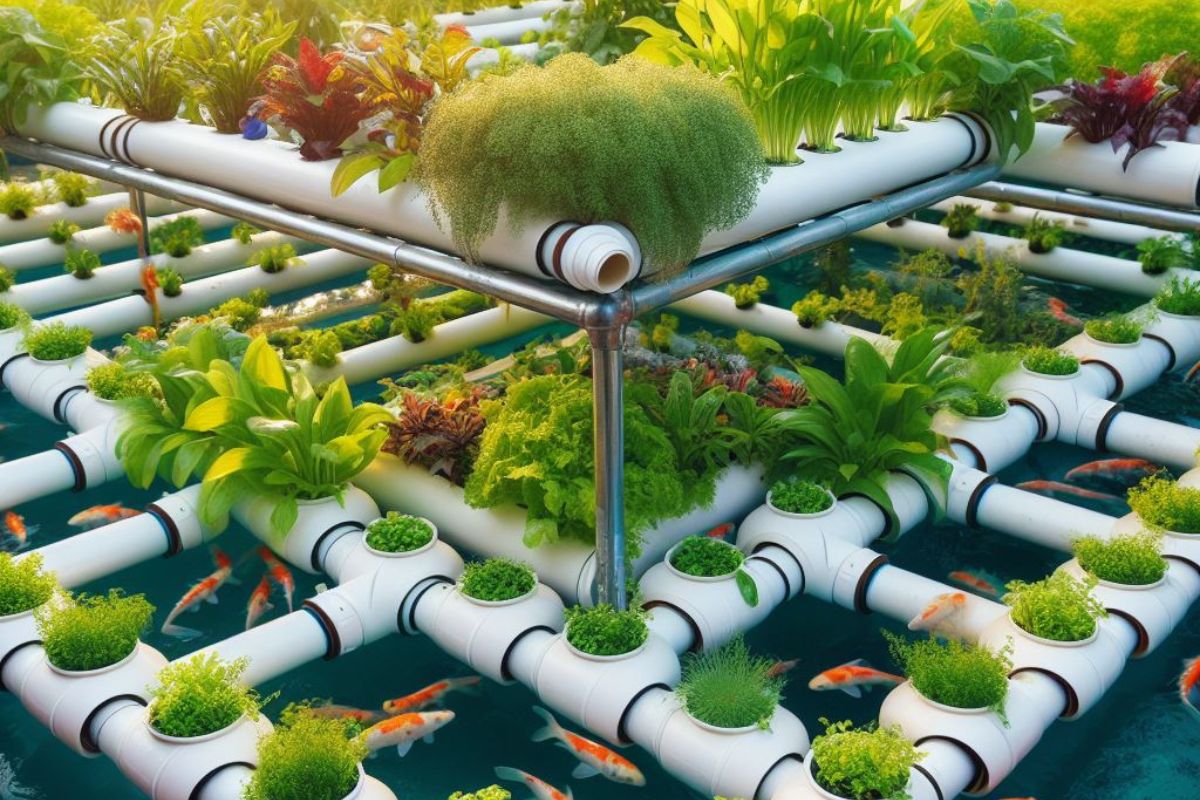 An image of PVC aquaponics system in action. PVC pipes connect fish tanks and grow beds, symbolizing the symbiotic relationship between aquaculture and hydroponics.