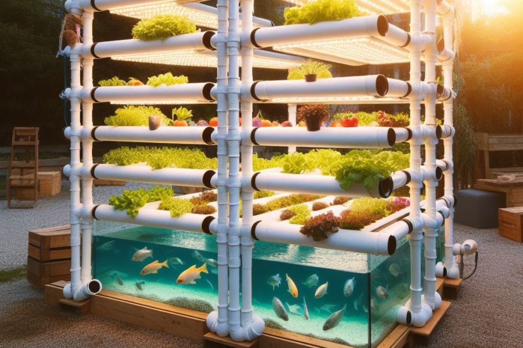A captivating image portraying the advantages of PVC aquaponics systems. PVC pipes elegantly form the structure for fish tanks and grow beds, symbolizing cost-effectiveness, durability, and ease of assembly.