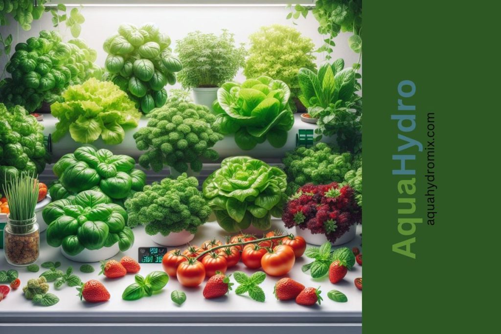 An engaging image capturing the diverse plant life in an aquaponic system. Lush lettuce, spinach, basil, and mint share the space with flourishing strawberries and tomatoes, showcasing the variety of crops suitable for aquaponic cultivation.