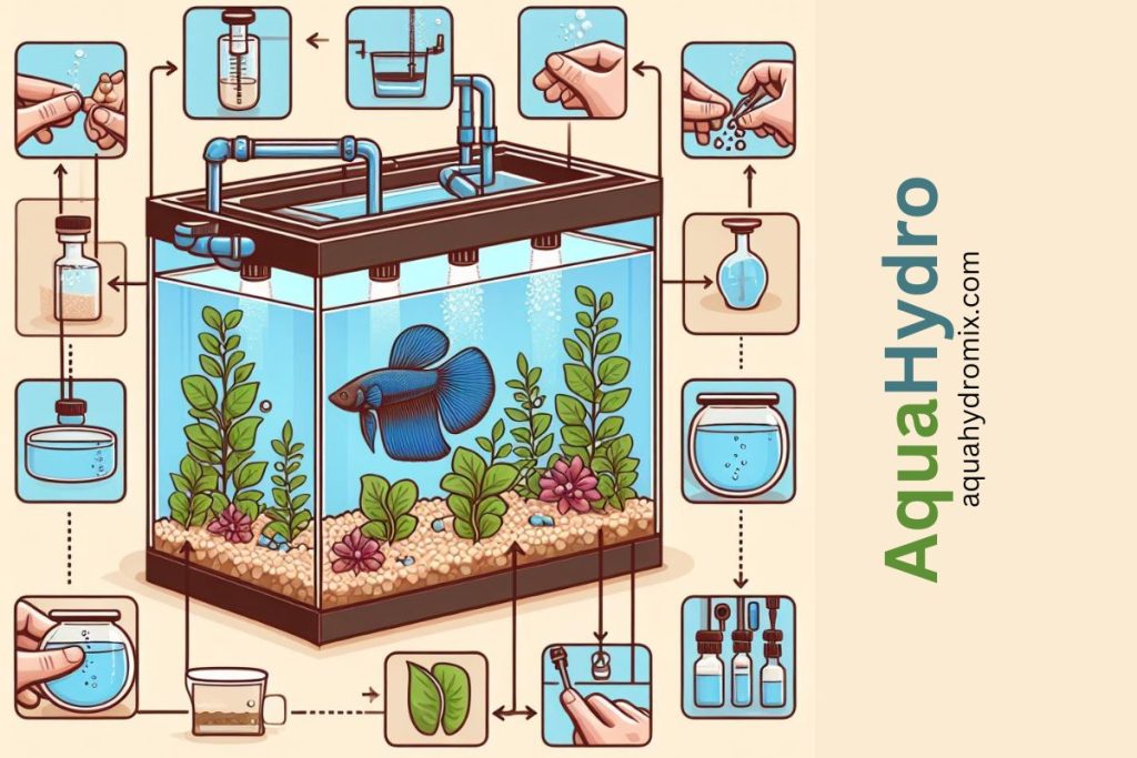 An informative illustrating the steps in setting up an aquaponic betta fish tank.