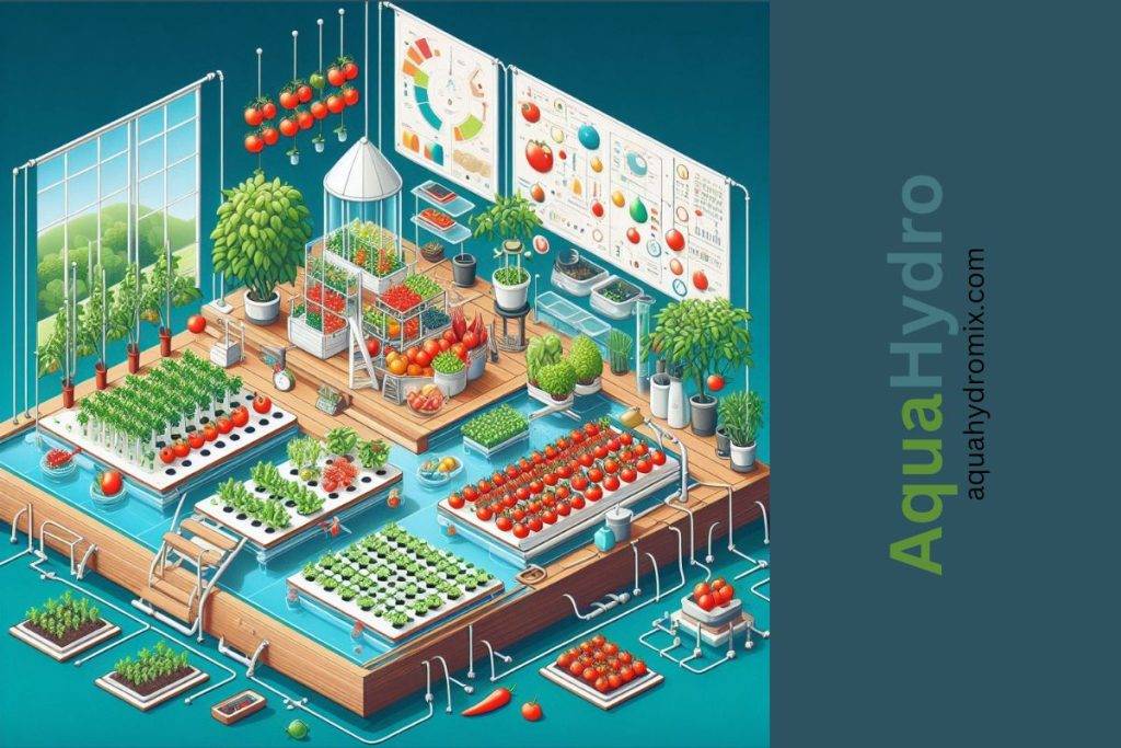 Envision an instructive visual guide detailing the setup of an aquaponic tomato garden.