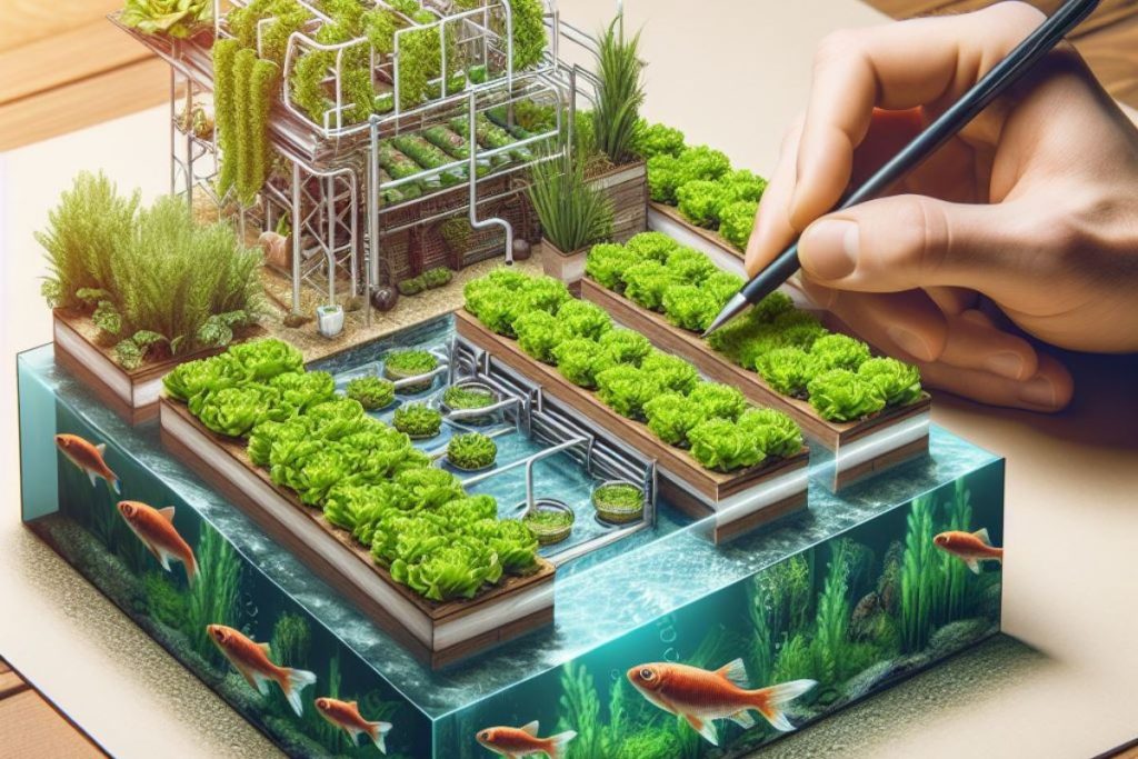 he image showcases a comprehensive guide to setting up a lettuce aquaponics system, highlighting essential components like fish tanks, grow beds, and aeration systems.