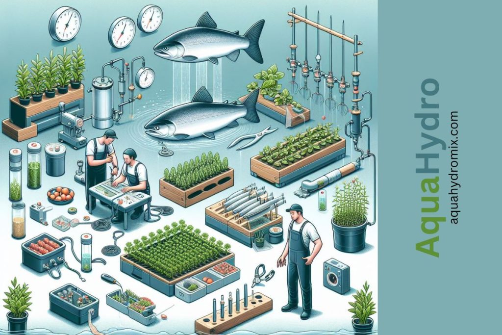  detailed infographic guides the setup and management of a Salmon Aquaponics System