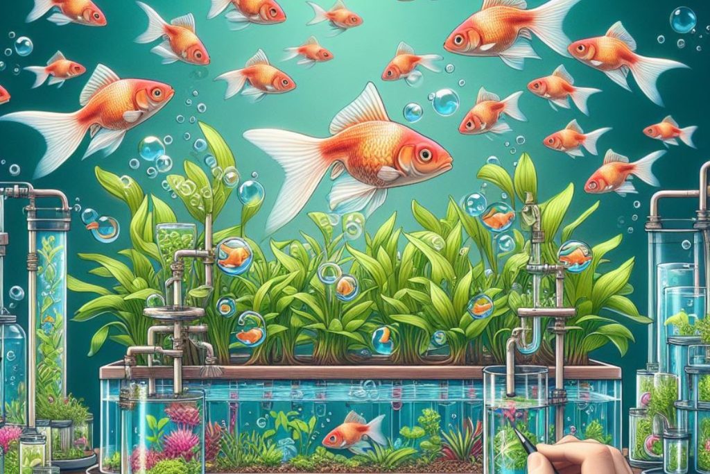  An illustrative image guides through the steps of setting up a Goldfish Aquaponics System.
