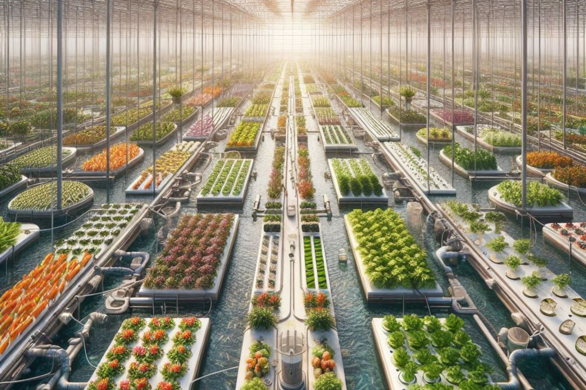 A visionary urban scene with a state-of-the-art commercial aquaponics farm seamlessly integrated into the cityscape.