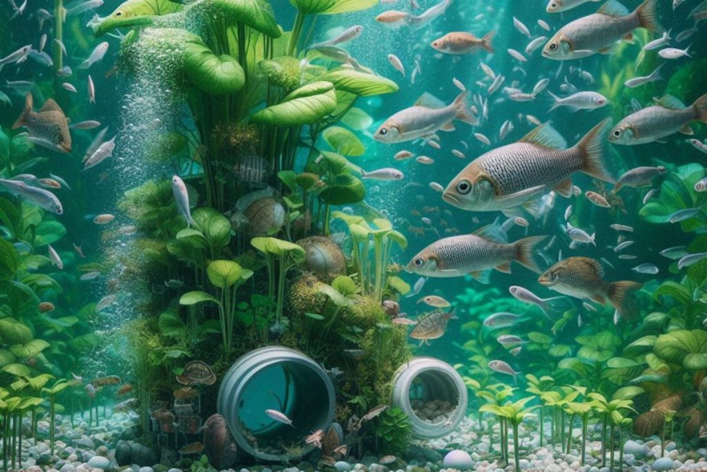 A captivating image portraying the integral role of fish in aquaponics. A school of tilapia, trout, catfish, and koi gracefully swims amid lush aquatic vegetation, highlighting the diversity of fish commonly used in aquaponic systems.