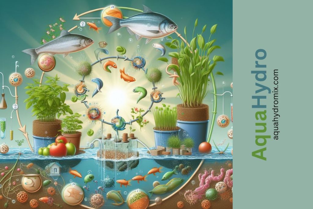 An insightful image capturing the science behind aquaponics, emphasizing the nitrogen cycle's role. 
