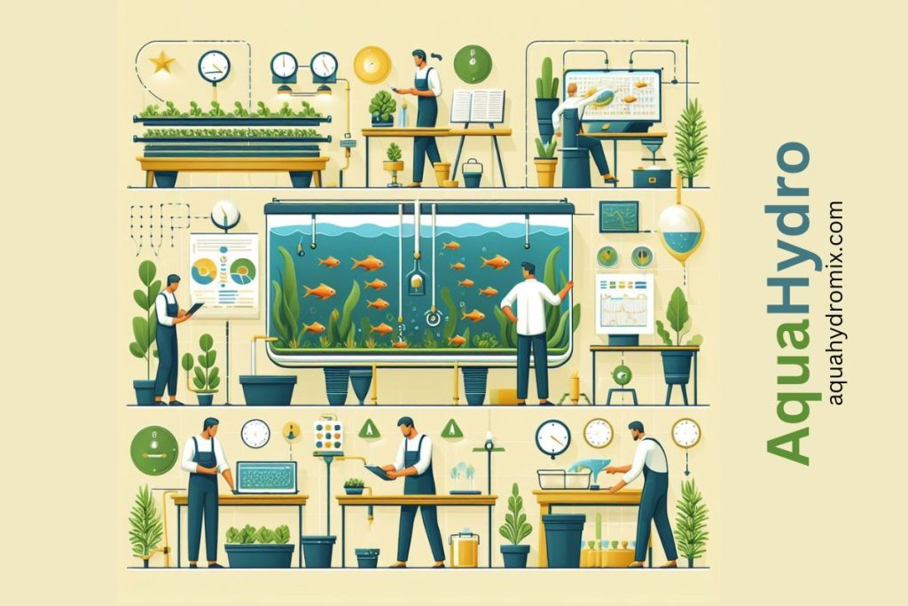 An engaging image highlighting the crucial maintenance tips for an Aquaponics system. Scenes include individuals performing regular checks, monitoring key water parameters, and addressing issues promptly.