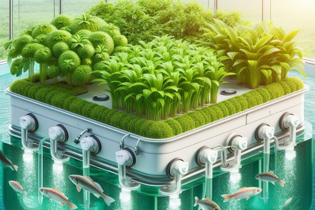 An image of the aquaponics closed-loop system: fish in a tank releasing waste that nourishes soilless plants in nearby beds.