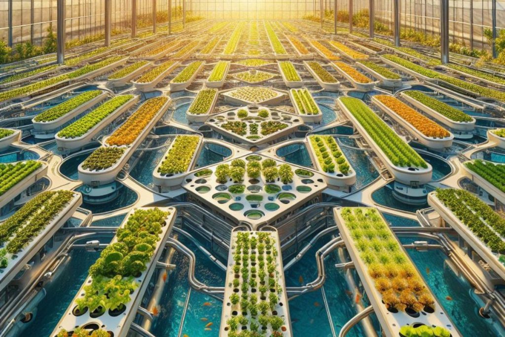 An overhead shot of a cutting-edge automated aquaponics system, showcasing an intricate network of fish tanks interlinked with hydroponic plant beds in a sunlit greenhouse.