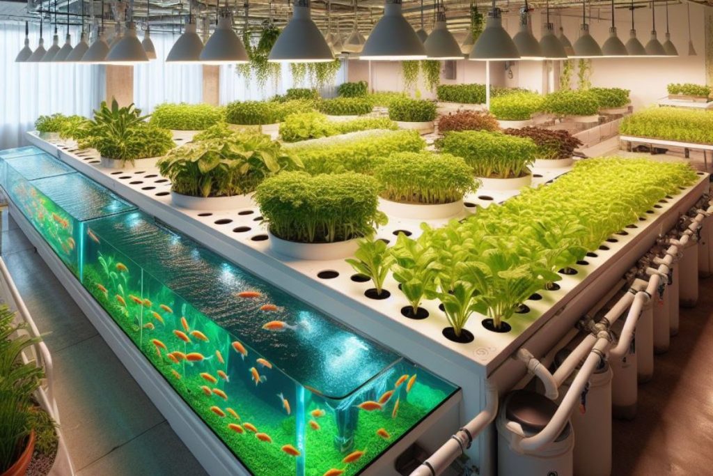 A picture collaboration between plants and fish in a commercial aquaponics system.