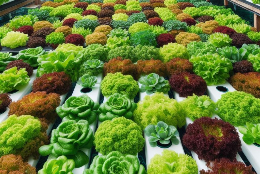  The image unfolds with a spectrum of lettuce varieties thriving in an aquaponic setting.