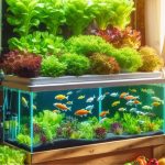 An aquaponics system with plants growing above a fish tank filled with colorful fish, surrounded by gardening tools and supplies on shelves